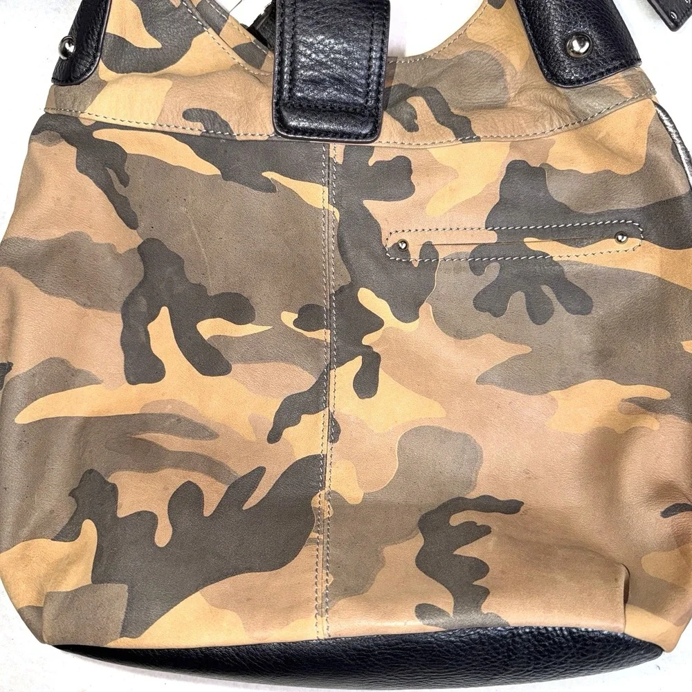 B Makowsky Camo Hobo Bag Black Leather Trim Silver Hardware Shoulder Purse
